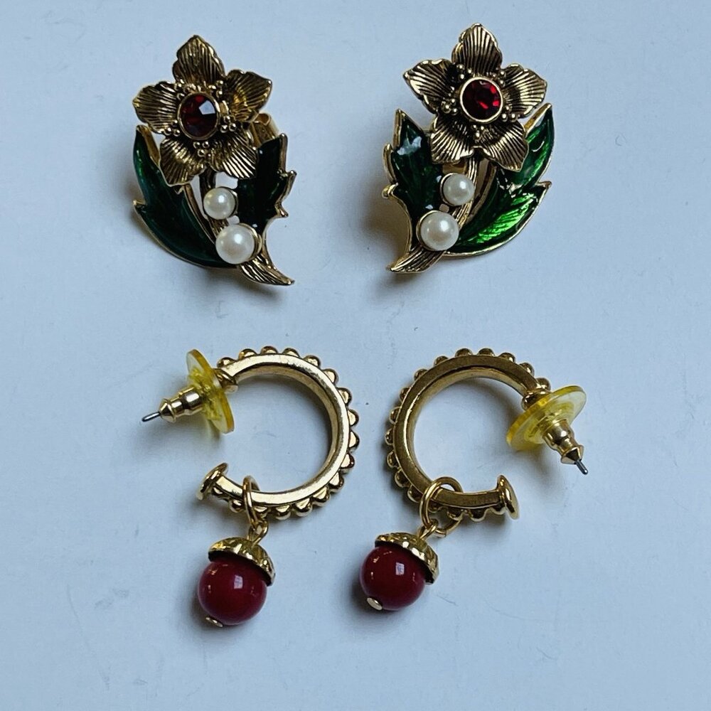 Studded Dangle Flower Earrings Pink Retro Mid Century‎ Modernist Boho 2 Pairs